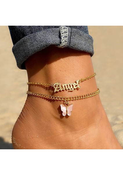 8-KWK0662-02 Moda Pembe Kelebek Halhal Kadınlar Için Set Sevimli Altın Mektup Melek Çok Katmanlı Zincir Ayak Bileği Bilezik Yaz Plaj Takı (Yurt Dışından) fiyatları