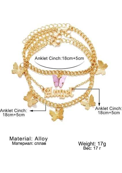 8-KWK0662-02 Moda Pembe Kelebek Halhal Kadınlar Için Set Sevimli Altın Mektup Melek Çok Katmanlı Zincir Ayak Bileği Bilezik Yaz Plaj Takı (Yurt Dışından) modelleri