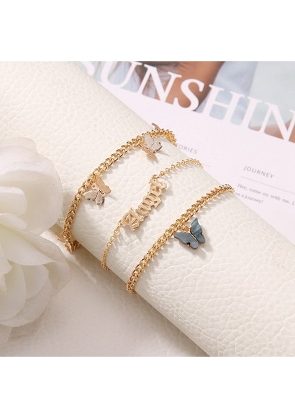 8-KWK0662-02 Moda Pembe Kelebek Halhal Kadınlar Için Set Sevimli Altın Mektup Melek Çok Katmanlı Zincir Ayak Bileği Bilezik Yaz Plaj Takı (Yurt Dışından) fırsatları