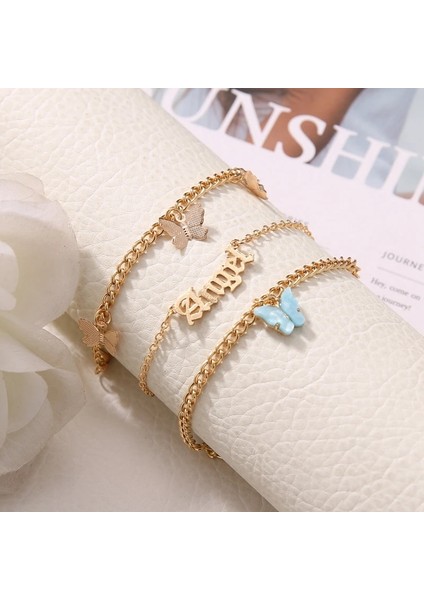 8-KWK0662-02 Moda Pembe Kelebek Halhal Kadınlar Için Set Sevimli Altın Mektup Melek Çok Katmanlı Zincir Ayak Bileği Bilezik Yaz Plaj Takı (Yurt Dışından) indirimleri