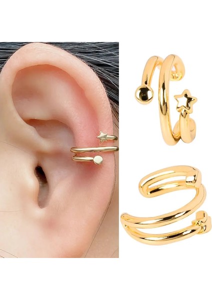 2 Altın Moda Kulak Manşet Klipsli Küpe Piercing Altın Gümüş Renk Yıldız Kalp Zincir Geometri Kıkırdak Earcuff Kadınlar Parti Takı (Yurt Dışından)
