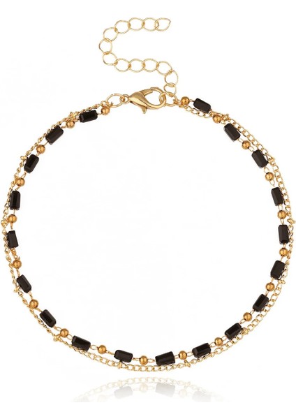 Altın Rengi Kare 2 Dainty Bule Altın Gümüş Renk Boncuk Halhal Bacak Bilezik Çift Zincir Ayak Mücevheri Bayanlar Plaj Ayak Bileği Zinciri (Yurt Dışından)