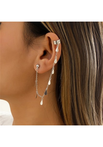 EJ164 Gümüş 4 Moda Altın Metal Püskül Zincir Klip Küpe Kadınlar Için Basit Hiçbir Piercing Sahte Kıkırdak Kulak Manşet Kulak Klipsi Küpe Takı (Yurt Dışından)