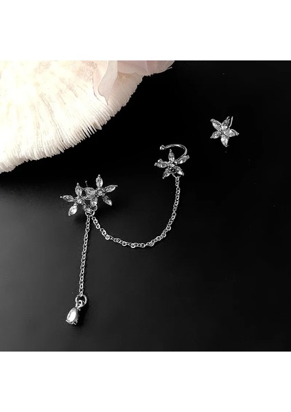 Gümüş Rengi Küpe Moda Takı Asimetrik Çiçek Kulak Klipsi Oorbellen Küpe Kadın Açıklama Küpe Bijoux Femme (Yurt Dışından)