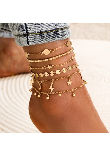 No.30 Boyutu Boho Kadın Sequins Ayak Bileği Bilezik Seti Yıldız Ay Yıldırım Charm Zincir Kadın Yaz Plaj Halhal Takı Için Ayak Bacak Üzerinde (Yurt Dışından)