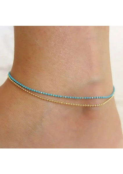 Altın Rengi P 2 Dainty Bule Altın Gümüş Renk Boncuk Halhal Bacak Bilezik Çift Zincir Ayak Mücevheri Bayanlar Plaj Ayak Bileği Zinciri (Yurt Dışından) fiyatları