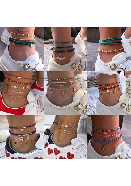 NO.8152 Beden Tocona Etnik Boho Çok Katmanlı Halhal Kadınlar Için Büyüleyici Boncuk Ayak Bileği Bilezik Kabuk Yaprak Kolye Sandal Ayak Bileği Takı (Yurt Dışından) modelleri
