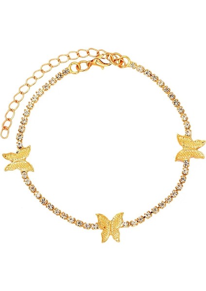 004601GD Bynouck Büyük Rhinestone Tenis Halhal Zinciri Kadınlar Için Kristal Kelebek Charms Takı Çok Katmanlı Ayak Bilezik Lüks Takı (Yurt Dışından)