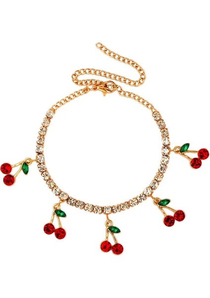 001801GD Trendy Kırmızı Büyük Rhinestone Kiraz Halhal Kadınlar Için Bilezik Bling Bling Kristal Meyve Tenis Ayak Bileği Zinciri Punk Parti Takı Hediyeler (Yurt Dışından)