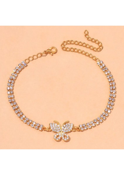 Gümüş Kaplı Stonefans Bohemian Kadınlar Rhinestone Kelebek Halhal Yaz Kristal Tenis Bacak Zinciri Ayak Bileği Bilezik Moda Takı (Yurt Dışından)