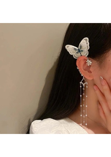 B-Sol Kulak Moda Kristal Kelebek Küpe Üzerinde Klip Inci Boncuk Kulak Manşet Uzun Püsküller Charm Hollow Kulak Klipsi Takı Hediyeler (Yurt Dışından)