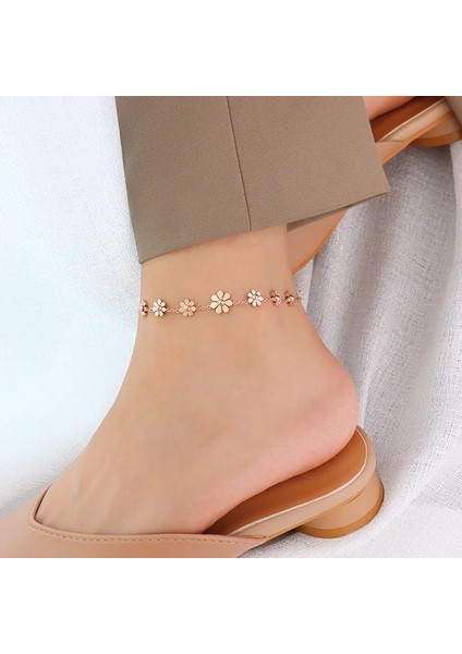 Altın Gül Ropuhov Yeni Lver Fransız Sınır Ötesi Ünlü Basit Küçük Taze Çiçek Halhal Titanyum Kaplama Ayak Süsleme Halhal (Yurt Dışından)