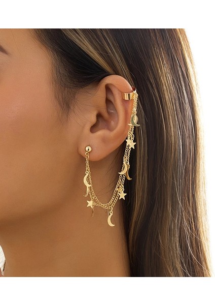 EJ167 Altın 7 Moda Altın Metal Püskül Zincir Klip Küpe Kadınlar Için Basit Hiçbir Piercing Sahte Kıkırdak Kulak Manşet Kulak Klipsi Küpe Takı (Yurt Dışından)