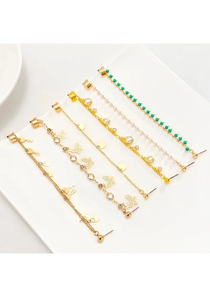 EJ167 Altın 7 Moda Altın Metal Püskül Zincir Klip Küpe Kadınlar Için Basit Hiçbir Piercing Sahte Kıkırdak Kulak Manşet Kulak Klipsi Küpe Takı (Yurt Dışından)