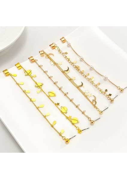 EJ167 Altın 7 Moda Altın Metal Püskül Zincir Klip Küpe Kadınlar Için Basit Hiçbir Piercing Sahte Kıkırdak Kulak Manşet Kulak Klipsi Küpe Takı (Yurt Dışından)