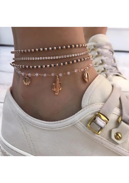 NO.8841 Beden Docona Boho Shell Kristal Strand Boncuk Halhal Kadınlar Için Set Kız Katmanlar Karpuz Pullu Kolye Ayak Zincirleri Plaj Takı (Yurt Dışından)