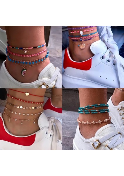 NO.8841 Beden Docona Boho Shell Kristal Strand Boncuk Halhal Kadınlar Için Set Kız Katmanlar Karpuz Pullu Kolye Ayak Zincirleri Plaj Takı (Yurt Dışından)