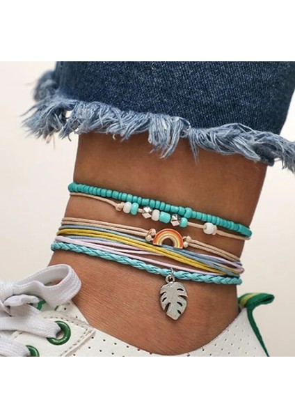 Yapraklar Dıezı Bohemian El Yapımı Örgü Halhal Gökyüzü Mavi Halat Zincir Yaprakları Halhal Vintage Boncuk Taş Bilezikler Kadınlar Için Takı (Yurt Dışından)