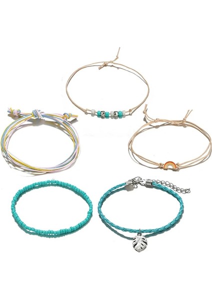 Yapraklar Dıezı Bohemian El Yapımı Örgü Halhal Gökyüzü Mavi Halat Zincir Yaprakları Halhal Vintage Boncuk Taş Bilezikler Kadınlar Için Takı (Yurt Dışından) fırsatları