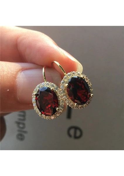 Altın Kırmızı Kristal Kadın Küçük Oval Küpe Lüks Gümüş Renk Klip Küpe Kadınlar Için Beyaz Mavi Kırmızı Mor Küpe (Yurt Dışından)