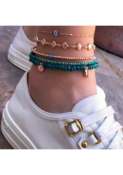 NO.8841 Beden Tocona Etnik Boho Çok Katmanlı Halhal Kadınlar Için Büyüleyici Boncuk Ayak Bileği Bilezik Kabuk Yaprak Kolye Sandal Ayak Bileği Takı (Yurt Dışından)