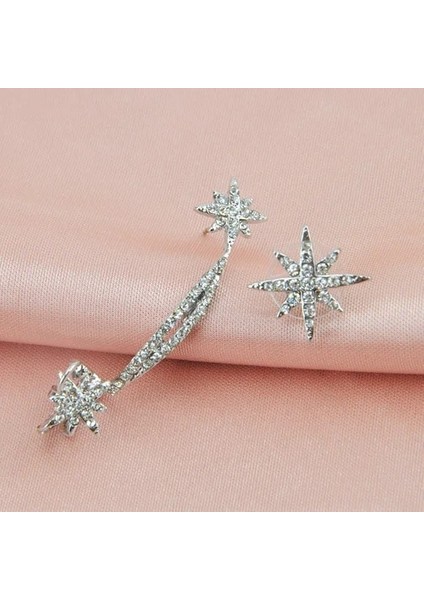 Gümüş Rengi Moda Kore Sevimli Zirkon Çift Taraflı Yıldız Klip Küpe Kadınlar Için Saplamalı Kız Kristal Wrap Kulak Manşet Küpe Takı Brincos (Yurt Dışından)