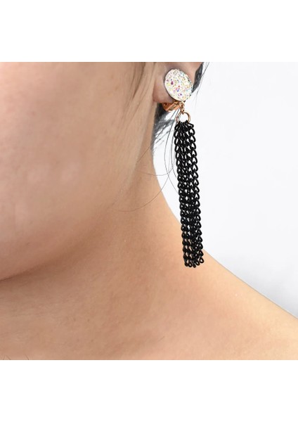 Renk 6 Kadınlar Metal Siyah Uzun Püskül Zincir Küpeler Hiçbir Kulak Deliği Asılı Druzy Reçine Klipsli Küpe Piercing Olmadan (Yurt Dışından) fırsatları