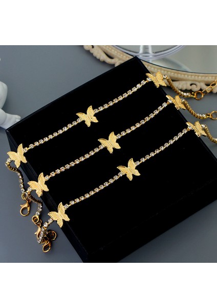 004702SL Trendy G Sevimli Kelebek Kristal Tenis Halhal Kadınlar Için Altın Gümüş Renk Boho Sandalet Rhinestone Ayak Bilek Zinciri Takı (Yurt Dışından) fiyatları