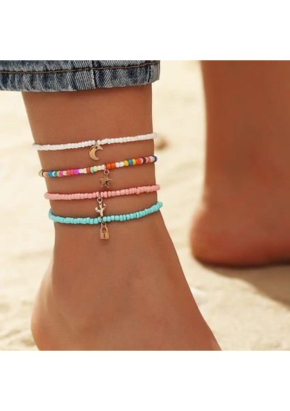 FZ0160 Boho Şeker Boncuk Charm Çok Katmanlı Halhal Yıldız Kelebek Anahtar Kolye El Yapımı Ayak Zinciri Bilezik Yalınayak Plaj Takı Bijoux (Yurt Dışından)