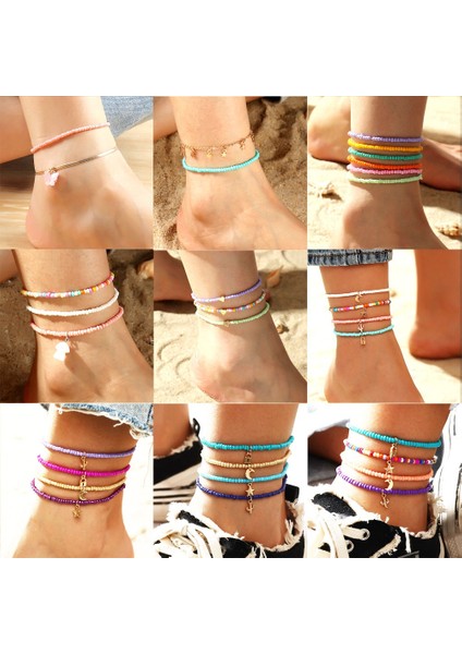 FZ0160 Boho Şeker Boncuk Charm Çok Katmanlı Halhal Yıldız Kelebek Anahtar Kolye El Yapımı Ayak Zinciri Bilezik Yalınayak Plaj Takı Bijoux (Yurt Dışından)