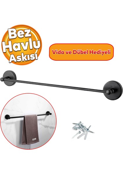 Vidalı Askılık Sağlam Askı Metal Siyah Bez Havlu Asma Askısı Aparatı 42 cm Banyo Lavabo