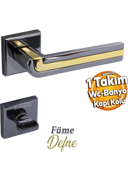Defne Lüx Füme Gold Kare Rozetli Wc-Banyo Kapısı Uyumlu Kapı Kolu Sağ ve Sola Uygun Kolları 1 Takım