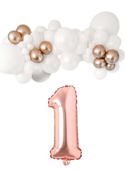 Mini Zincir Balon Seti Beyaz-Krom Rose Gold+1 34inç Rose Gold Folyo 30 Adet +Balon Şeridi