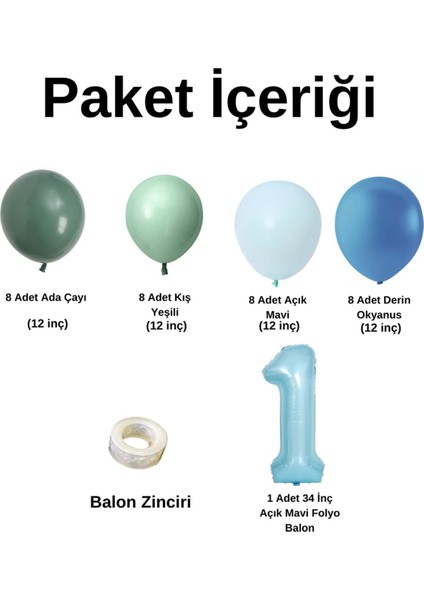 MiniZincirBalonSeti AdaÇayı-KışYeşil-A.Mavi-DerinOkyanus+1 34inçA.MaviFolyoBalon 30Adet+BalonŞeridi