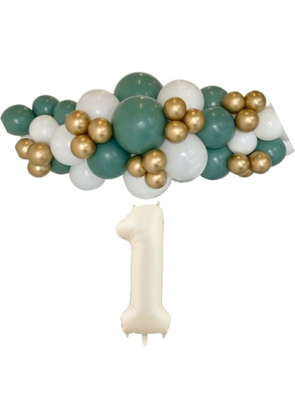 Mini Zincir Balon Seti Ada Çayı-Beyaz-Krom Gold+1 34inç Krem Folyo 30 Adet +Balon Şeridi