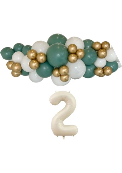 Mini Zincir Balon Seti Ada Çayı-Beyaz-Krom Gold+2 34inç Krem Folyo 30 Adet +Balon Şeridi