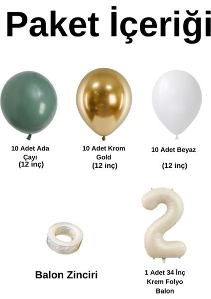Mini Zincir Balon Seti Ada Çayı-Beyaz-Krom Gold+2 34inç Krem Folyo 30 Adet +Balon Şeridi fiyatları