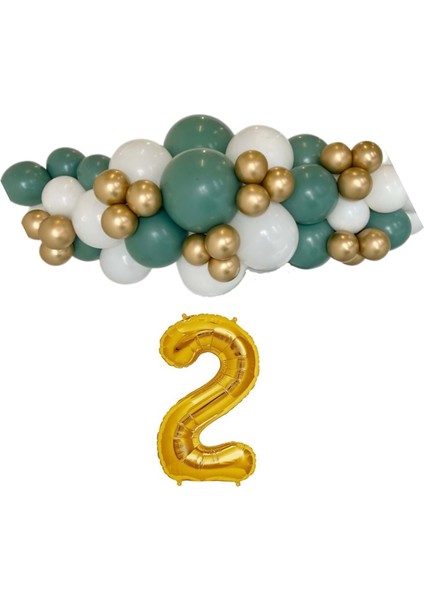 Mini Zincir Balon Seti Ada Çayı-Beyaz-Krom Gold+2 34inç Gold Folyo 30 Adet +Balon Şeridi