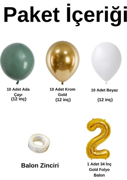 Mini Zincir Balon Seti Ada Çayı-Beyaz-Krom Gold+2 34inç Gold Folyo 30 Adet +Balon Şeridi fiyatları