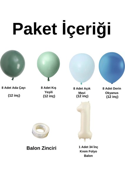 MiniZincirBalonSeti AdaÇayı-KışYeşili-A.Mavi-DerinOkyanus+1 34inçKremFolyoBalon 30Adet+BalonŞeridi fiyatları