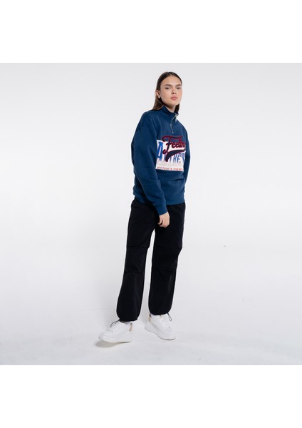 Friday Offset Mıke Kadın Petrol Dik Yaka Oversize Yarı Fermuarlı Unisex Sweatshirt