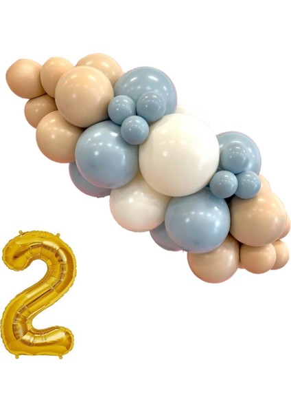 Mini Zincir Balon Seti Fırtına Mavisi-Çöl Kumu-Beyaz+2 34 inç Gold Folyo Balon 30 Adet +Balon Şeridi