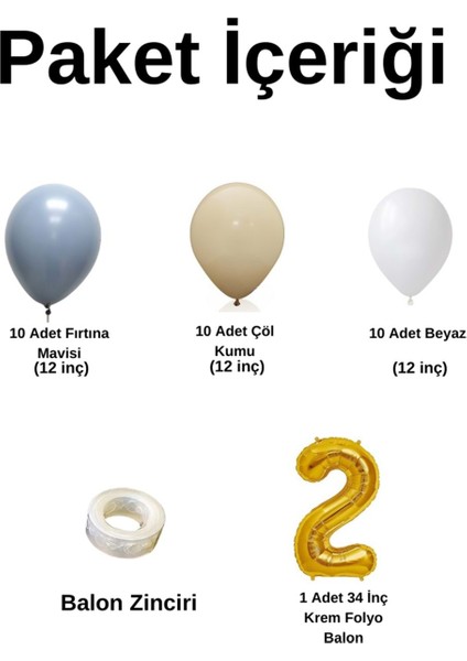 Mini Zincir Balon Seti Fırtına Mavisi-Çöl Kumu-Beyaz+2 34 inç Gold Folyo Balon 30 Adet +Balon Şeridi