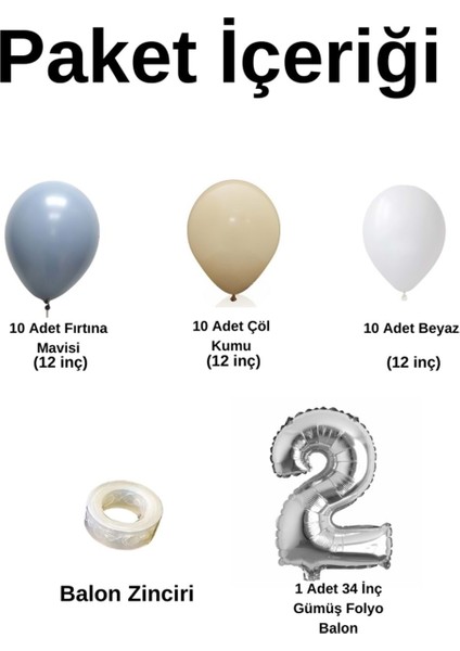 MiniZincirBalonSeti FırtınaMavisi-ÇölKumu-Beyaz+2 34inçGümüşFolyoBalon 30Adet+BalonŞeridi fiyatları