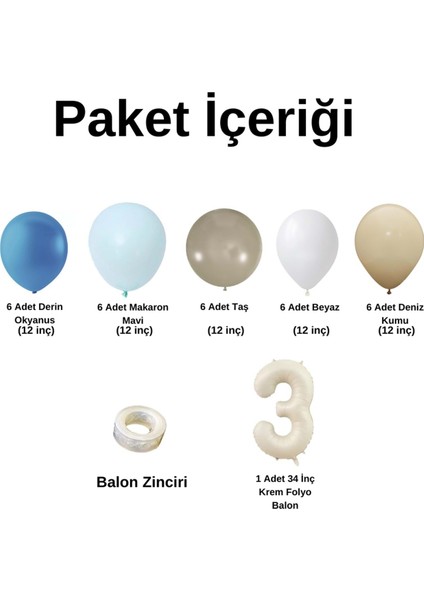 ZincirSeti DerinOkyanus-M.Mavi-Taş-Beyaz-DenizKumu+3 34inç Krem FolyoBalon 30Adet+BalonŞeridi fiyatları