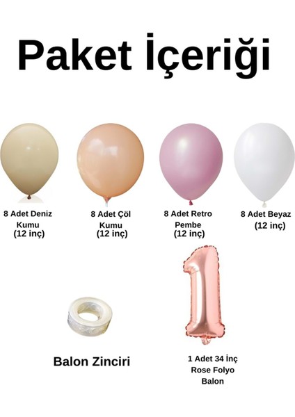 MiniZincirBalonSeti DenizKumu-ÇölKumu-R.Pembe-R.Beyaz+1 34inç Rose FolyoBalon 30Adet+BalonŞeridi fiyatları