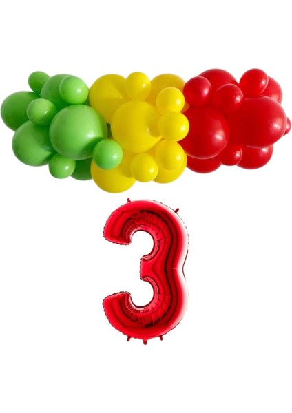 Mini Zincir Balon Seti Açık Yeşil-Sarı-Kırmızı-3 40 inç Kırmızı Folyo Balon 30 Adet +Balon Şeridi
