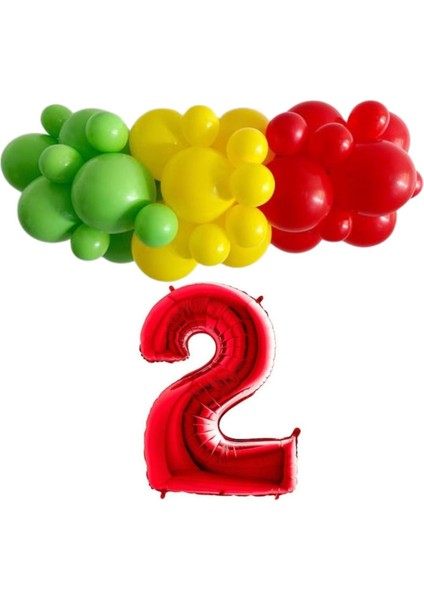 Mini Zincir Balon Seti Açık Yeşil-Sarı-Kırmızı-2 40 inç Kırmızı Folyo Balon 30 Adet +Balon Şeridi