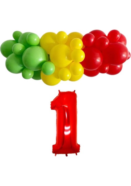Mini Zincir Balon Seti Açık Yeşil-Sarı-Kırmızı-1 34 inç Kırmızı Folyo Balon 30 Adet +Balon Şeridi