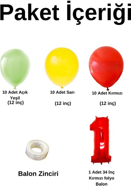Mini Zincir Balon Seti Açık Yeşil-Sarı-Kırmızı-1 34 inç Kırmızı Folyo Balon 30 Adet +Balon Şeridi fiyatları